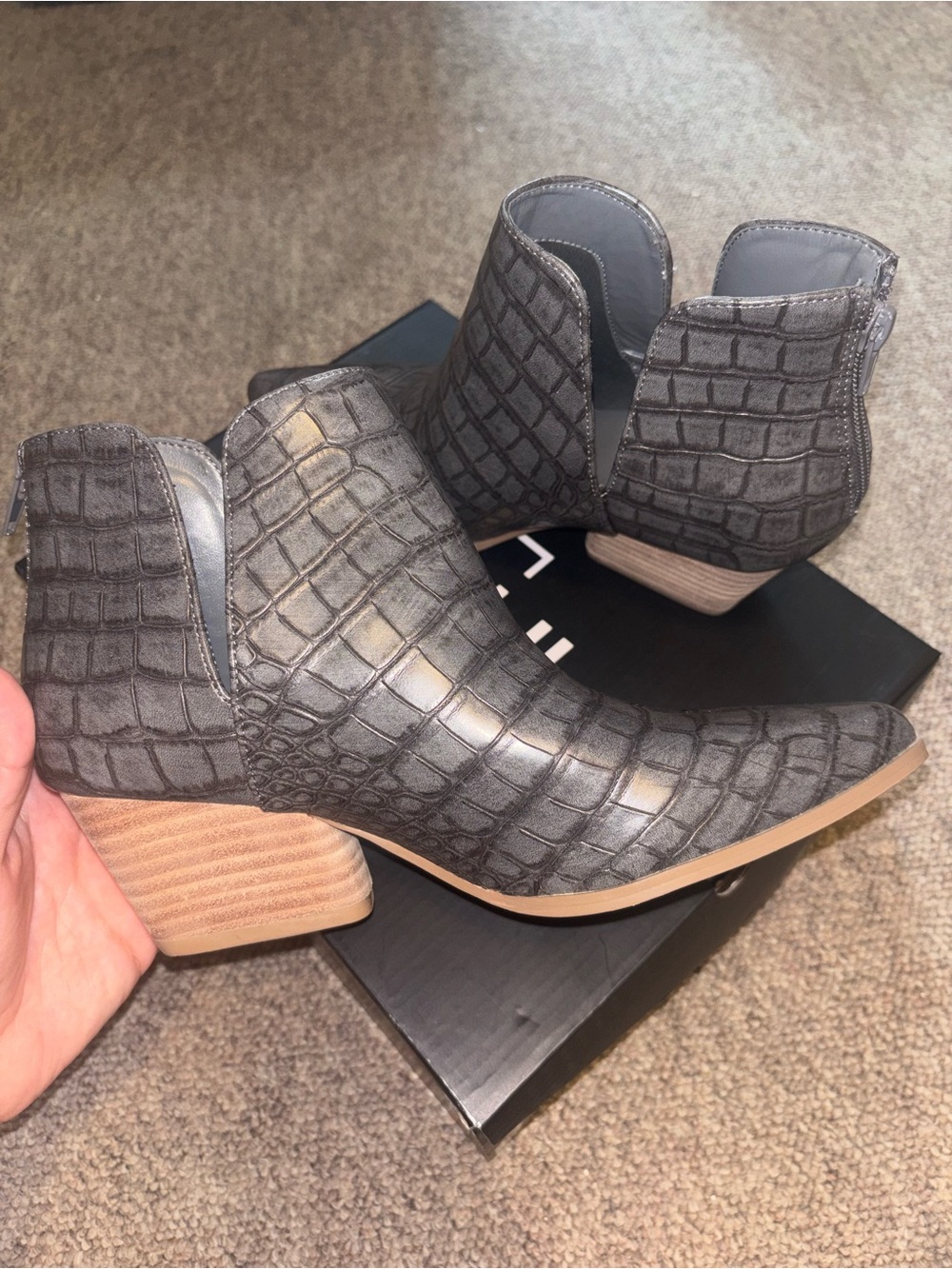 ShuShop Gray Croc-Embossed Ankle Booties